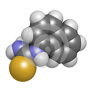 Alpha-naphthylthiourea (ANTU) rodenticide molecule. 3D rendering. Atoms are represented as spheres with conventional color coding