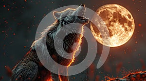 Alpha Wolf howling in front of full moon on the mountain top in moon light AI generated