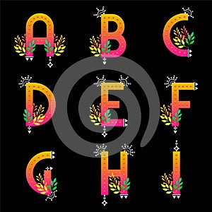 Magical sunrise flourish design alphabet set. Colorful gradient ABC collection. Ethnic style alphabets. Isolated vector letters.