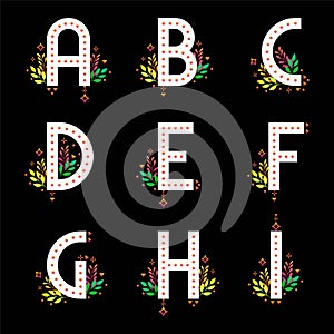 ABC alphabets. White alphabet set with gradient flourish. Ethnic and colorful floral pattern whimsical design letters.