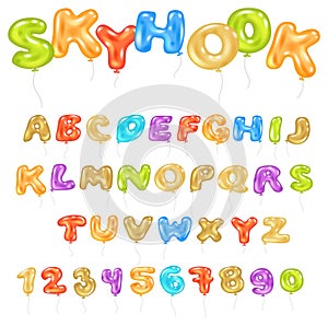 Alphabet ABC vector balloon kids alphabetical font with helium color letters and numbers for birthday party illustration