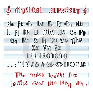 Alphabet ABC vector musical alphabetical font with music note letters of alphabetic typography illustration