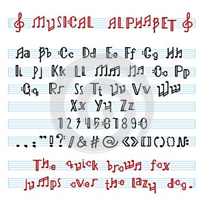 Alphabet ABC vector musical alphabetical font with music note letters of alphabetic typography illustration photo