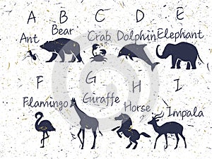 Alphabet with animals sillhouette. Included name, font, letters. ABC for kids with cute animal characters. Vector illustration, is