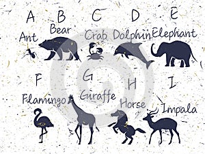 Alphabet with animals sillhouette. Included name, font, letters. ABC for kids with cute animal characters. Vector illustration, is photo