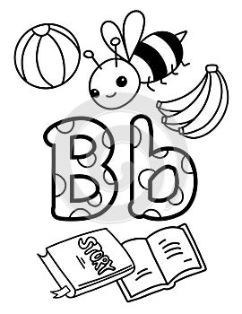 Alphabet B Coloring Page with cute object ball and cute animal bee