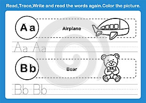 Alphabet A-B exercise with cartoon vocabulary for coloring book