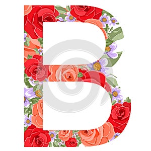 Alphabet B with florals bouquet. Initials letters with botanical elements.