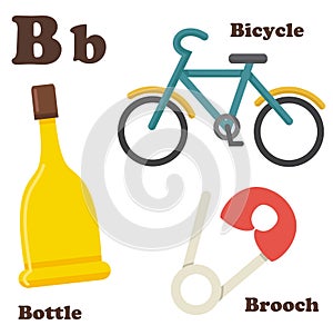 Alphabet B letter.Bottle,Bicycle,Brooch