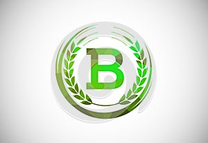 Alphabet B sign with a wheat wreath. Polygonal low poly organic wheat farming logo concept. Agriculture logo design vector