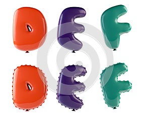 Alphabet Ballons letters D, E, F, 3d rendering, font colorful
