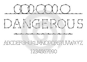 Alphabet of barbed wire. Prison letters and numbers set. Barbed Wire Stroke for Fencing. Font for events, promotions, logos