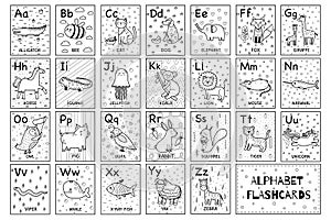 Alphabet black and white flashcards collection with cute animals. ABC flash cards set