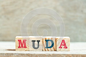 Alphabet block in word muda on wood background