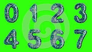 Alphabet from blue plastic with abstract holes isolated on a green background. The numeral 0 1 2 3 4 5 6 7 . 4K