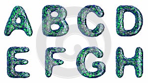 Alphabet from blue plastic with abstract holes isolated on a white background. A B C D E F G H . 4K