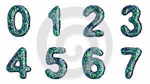 Alphabet from blue plastic with abstract holes isolated on a white background. The numeral 0 1 2 3 4 5 6 7 . 4K