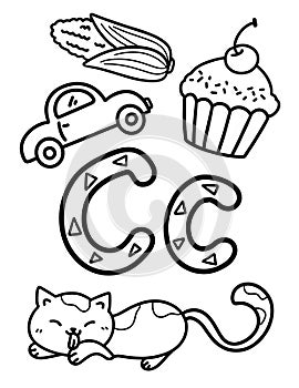 Alphabet C Coloring Page with cute animal, food, or transportation