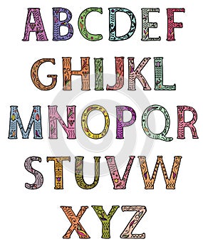 Alphabet. Capital letters decorated with colored floral patterns