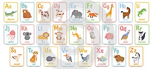 Alphabet cards for kids. Educational preschool learning ABC card with animal and letter cartoon vector illustration set