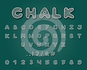 Alphabet chalk design. Typeface clip art. Uppercase letters, numbers and punctuation marks. Font vector typography. Hand drawn. EP