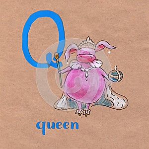 Alphabet for children with pig profession. Letter Q. Qeen