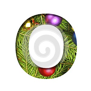 Alphabet on Christmas tree. The letter O cut out of paper on a background fresh ï¿½hristmas tree with colored balls. Set of