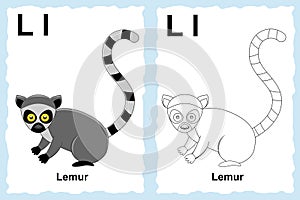 Alphabet coloring book page with outline clip art to color. Letter L. Lemur.