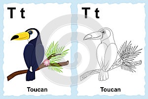 Alphabet coloring book page with outline clip art to color. Letter T. Toucan. Vector animals.