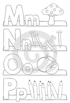 Alphabet coloring page - letters m, n, o, p