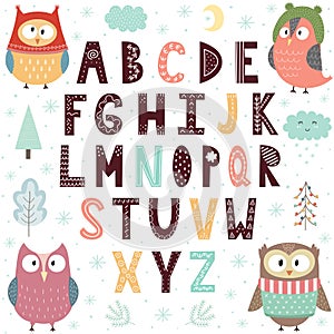 Alphabet with cute owls for children. Educational poster