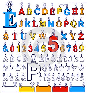 Alphabet design elements and number tags on hooks