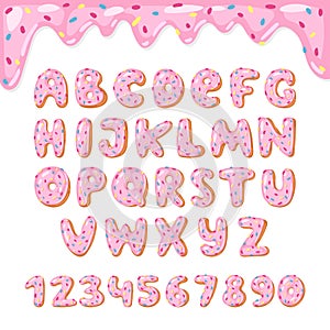 Alphabet donut kids alphabetical doughnuts font ABC with pink letters and glazed numbers with icing or sweet alphabetic