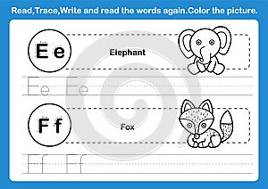 Alphabet E-F exercise with cartoon vocabulary for coloring book