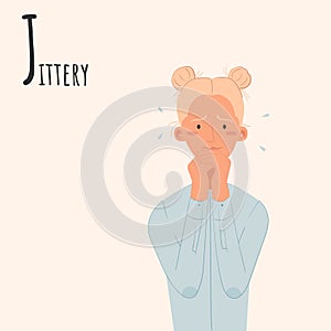 Alphabet Emotions concept. Female character nervous and anxious. Letter J - Jittery