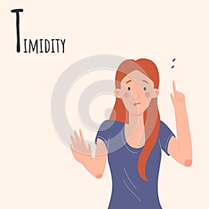 Alphabet Emotions concept. Female character temidity and shamed. Letter T - Timidity. Vector cartoon illustration