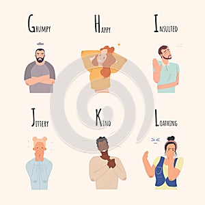 Alphabet of Emotions. Set of characters who are grumpy, happy, insulted, jittery, kind, loathing. Vector collection