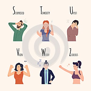 Alphabet of Emotions. Set of characters who are surprised, timidity, upset, vain, weary, Zealous. Vector collection