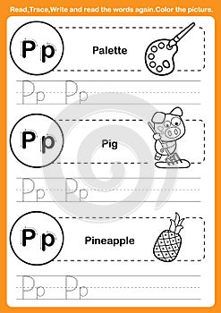 Alphabet exercise with cartoon vocabulary for coloring book