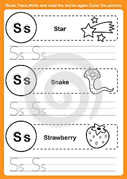 Alphabet exercise with cartoon vocabulary for coloring book