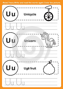 Alphabet exercise with cartoon vocabulary for coloring book