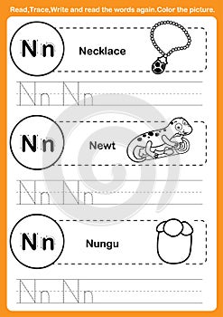 Alphabet exercise with cartoon vocabulary for coloring book