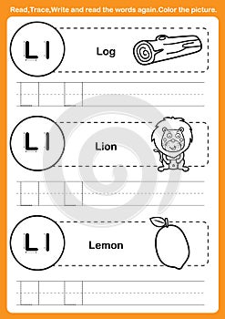 Alphabet exercise with cartoon vocabulary for coloring book