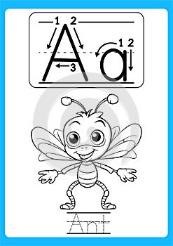 Alphabet exercise with cartoon vocabulary for coloring book illustration, vector