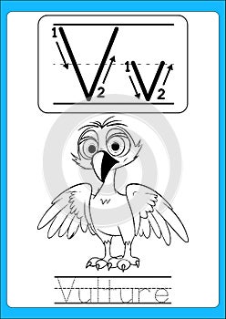 Alphabet exercise with cartoon vocabulary for coloring book illustration, vector