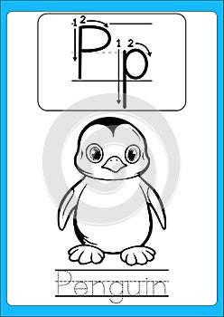 Alphabet exercise with cartoon vocabulary for coloring book illustration, vector