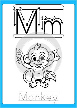 Alphabet exercise with cartoon vocabulary for coloring book illustration, vector