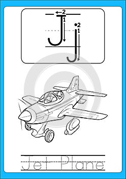 Alphabet exercise with cartoon vocabulary for coloring book illustration, vector