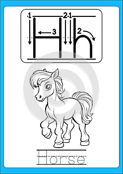 Alphabet exercise with cartoon vocabulary for coloring book illustration, vector