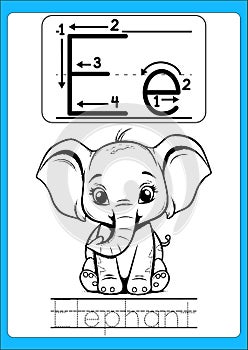 Alphabet exercise with cartoon vocabulary for coloring book illustration, vector